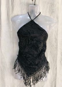 Black Halter Neck Fringe Top