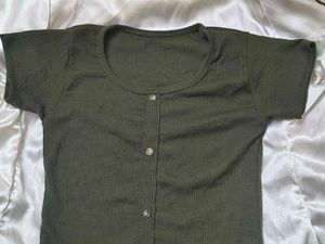 Olive Green Ribbed Button-Up Top