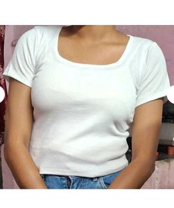 White Ribbed Square Neck Top