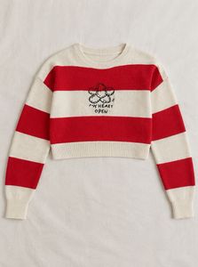 Red n White Striped Cropped Sweater with Graphic