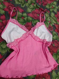 Cute Pink Ribbed Lace Trim Cami Top