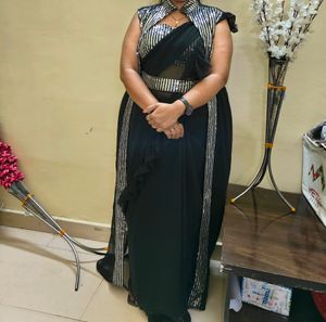 Mitera Black Sequence Belt Saree With Jacket