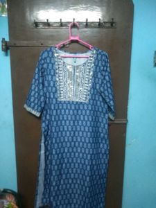 Blue Printed Kurta with Embellished Neckline