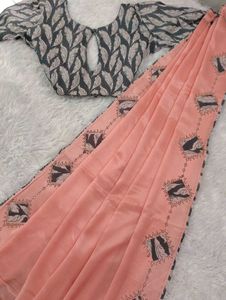 Elegant Peach Saree with Printed Designer Blouse