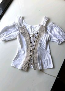 Women's White Cold Shoulder Lace-Up Blouse