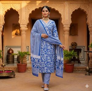 Blue Floral Print Kurta Set with Dupatta