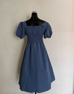vintage Blue Smocked Puff Sleeve Dress