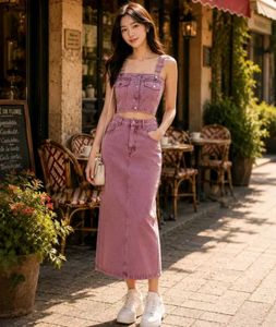 Mauve Denim Maxi dungri Skirt Set
