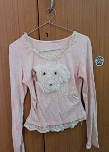 Cute Dog Face Pink Top with Lace Trim