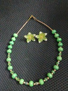 Green Beaded Necklace & Earrings Set