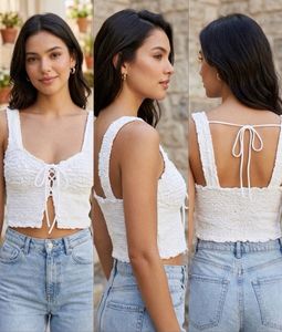 White Smocked Tie-Front Crop Top