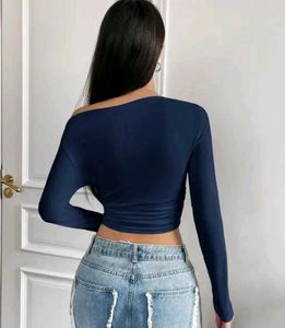Navy Blue Off-Shoulder Crop Top