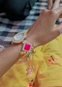 kashmiri Watch with Pink Stone &amp; Tassels