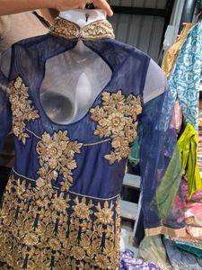Elegant Blue &amp; Gold Anarkali 3 psc set