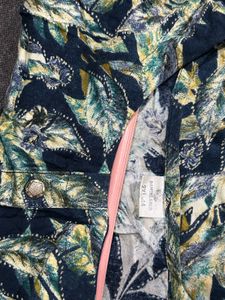 Navy Blue Leaf Print Straight Kurti
