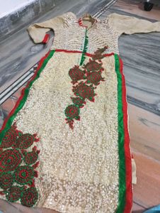 Elegant Cream Kurta with Red & Green Embellishment