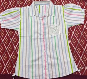 Striped Button-Down Shirt with Crochet Pocket