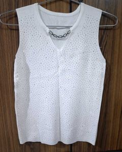 White Sleeveless Rhinestone Knit Tank Top