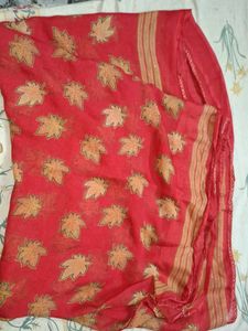 Vibrant Red Saree with Leaf Print