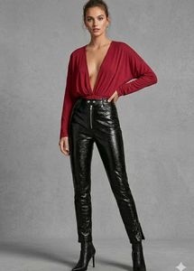 Shiny Black High-Waisted Pants and maroon top