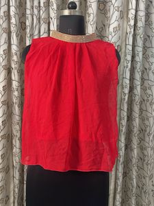 Red Embellished Neckline Sleeveless Blouse