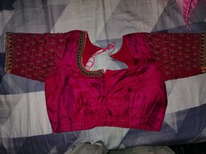 Rose Silk blouse with Zari &amp; Emerald Stone