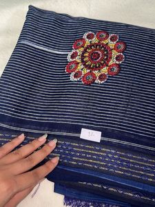 Elegant Navy Blue Saree with Floral Embroidery