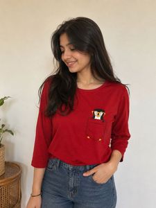 Red T-Shirt with Penguin Pocket Print