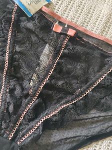 Adore me Black Lace Briefs with Pink Trim