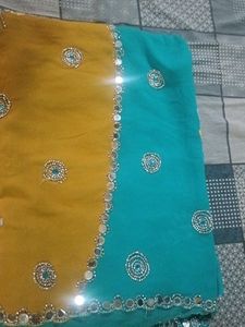 Embellished Mustard &amp; Teal Saree