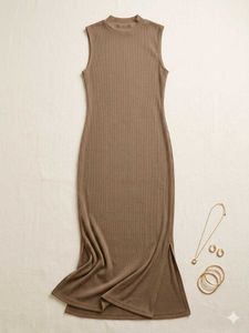 Sleeveless Ribbed Mock Neck Midi Dress