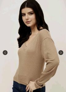 Ribbed V-Neck Long Sleeve Top