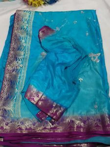 Beautiful Teal Embroidered Saree with blouse