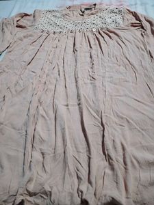 Beige Textured Kurta with Crochet Neckline