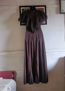 Elegant Brown Maxi Dress with Ruffle Sleeves