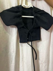 Black Ribbed Crop Top with Tie Detail