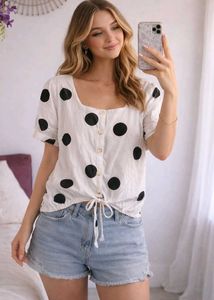 Polka Dot Tie-Front Top