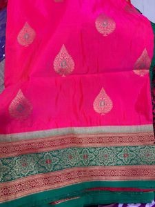 Vibrant Pink Saree with Gold Border