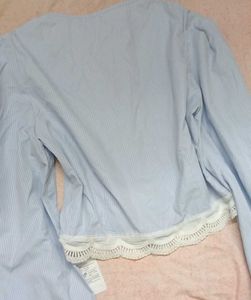 Blue Striped Lace Trim Top