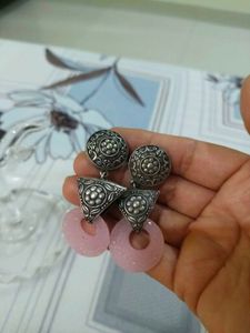 Boho Silver & Pink Stone Drop Earrings