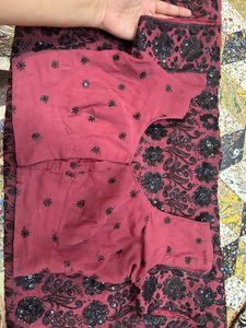 Embroidered Red Maroon Saree with Blouse