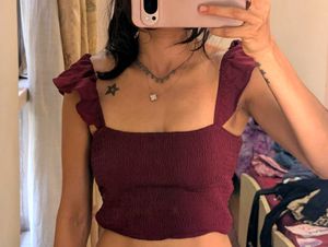 Maroon Smocked Ruffle Crop Top size S
