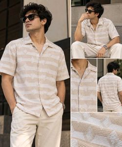 Men's Beige Textured Short Sleeve Shirt