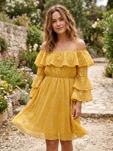 Yellow Off-Shoulder Ruffle Dress