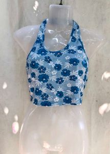 Blue Floral Halter Neck Crop Top