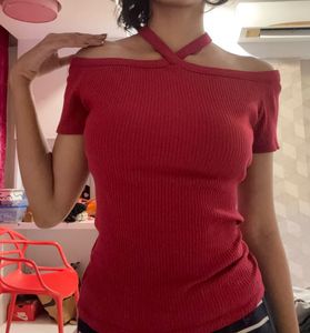 Red Off-Shoulder Ribbed Knit Top