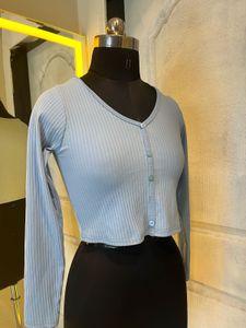 Light Blue Ribbed Cropped Cardigan