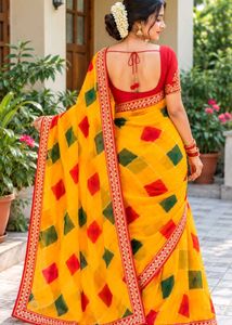 Vibrant Yellow Saree with Red &amp; Green Blocks