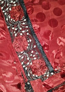 Red Saree with Polka Dots &amp; Floral Embroidery