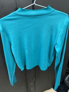 Teal Ribbed Mock Neck Cropped Top